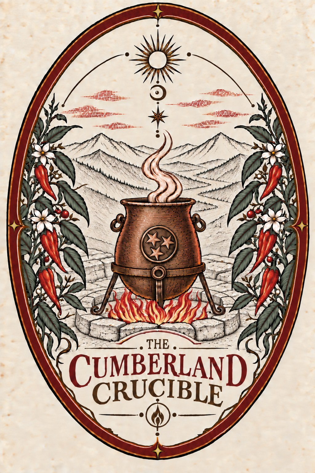 The Cumberland Crucible’s original label: Appalachian mountains, pepper plants, and a copper crucible bearing Tennessee stars.